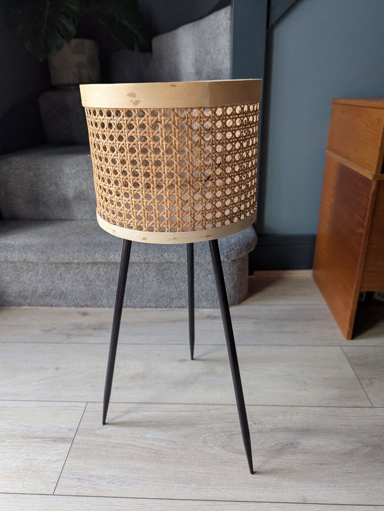 image for Rattan-Look Indoor Planter on Black Metal Legs - Mid-Century Modern Style