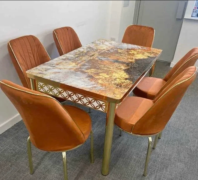 Glass Top Marble-Effect Dining Table Set with Velvet Chairs – Same Day Delivery