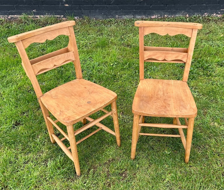 Pair of antique chapel church chairs vintage industrial retro kitchen oak dining old wooden wedding