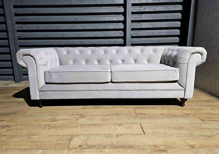 Unused Chesterfield Velvet 3 Seater Sofa - Light Grey. 