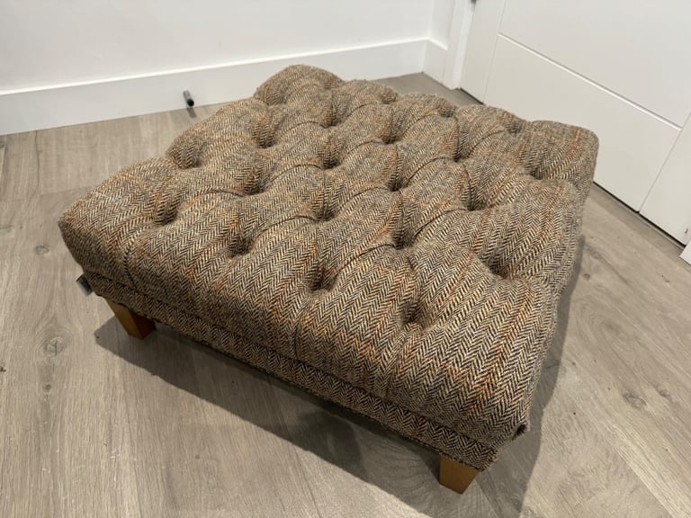 Harris Tweed Fabric Herringbone Buttoned Chesterfield Chair Low Footstool