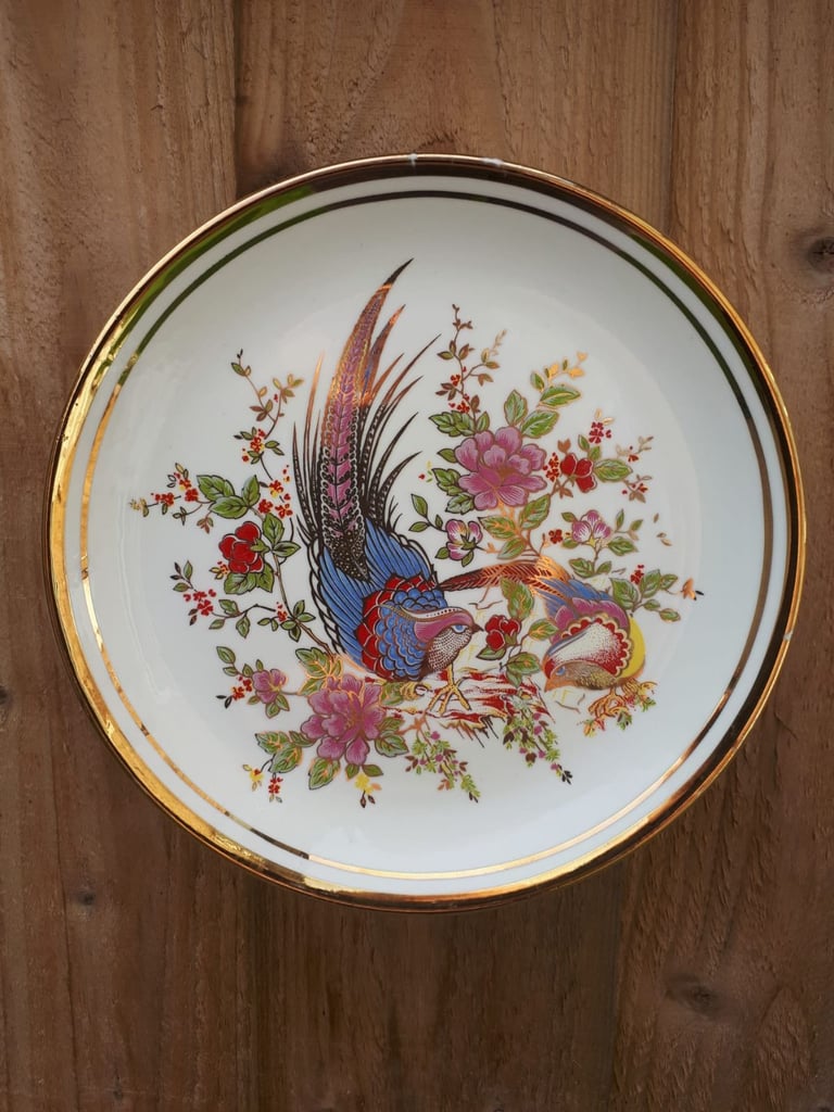 image for Vintage Wall Hanging Collectible Greece Souvenir Decorative Plate Pheasants and Roses
