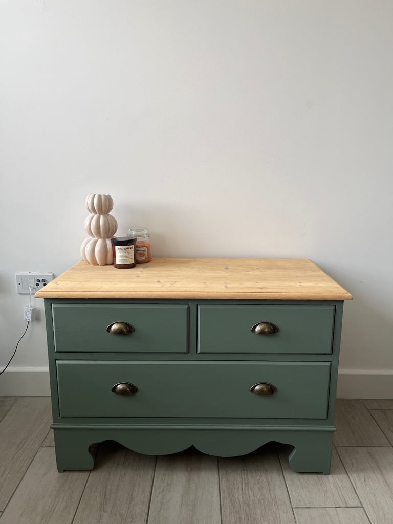 Green Painted Low Pine Chest of Drawers