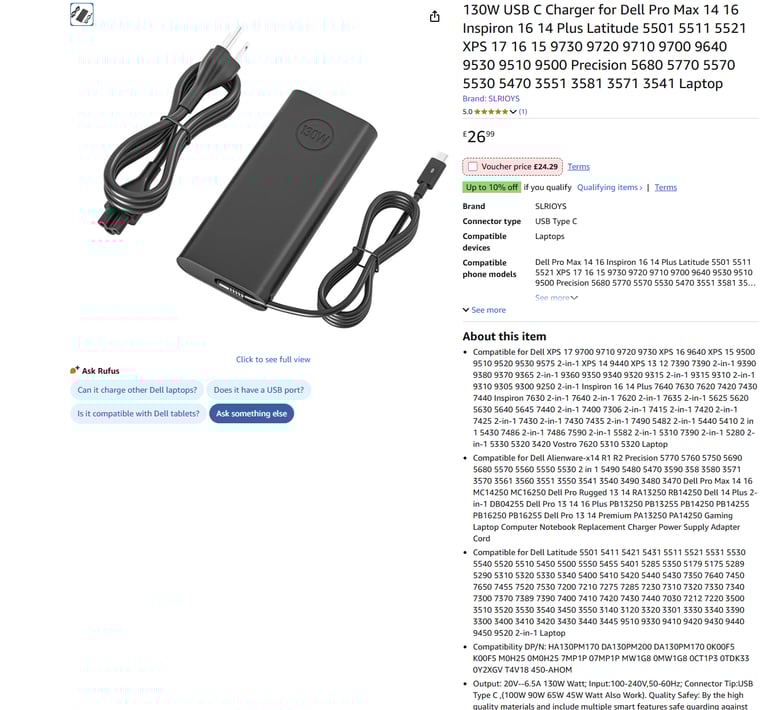 130W USB C Charger for Dell Pro Max 14 16 Inspiron 16 14 Plus Latitude|| Brand new 50% off price 
