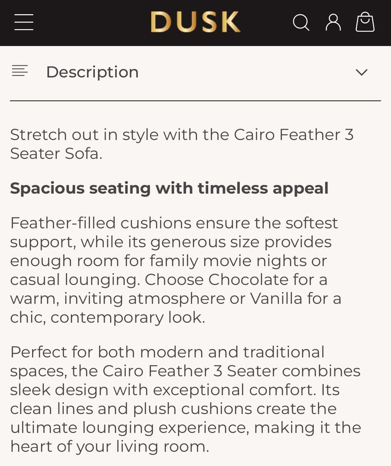 Dusk Cairo Feather 3 Seater Sofa 