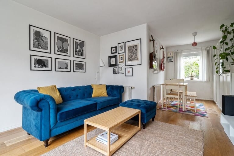 Habitat 3 Seater Blue Velvet Sofa with Matching Pouffe