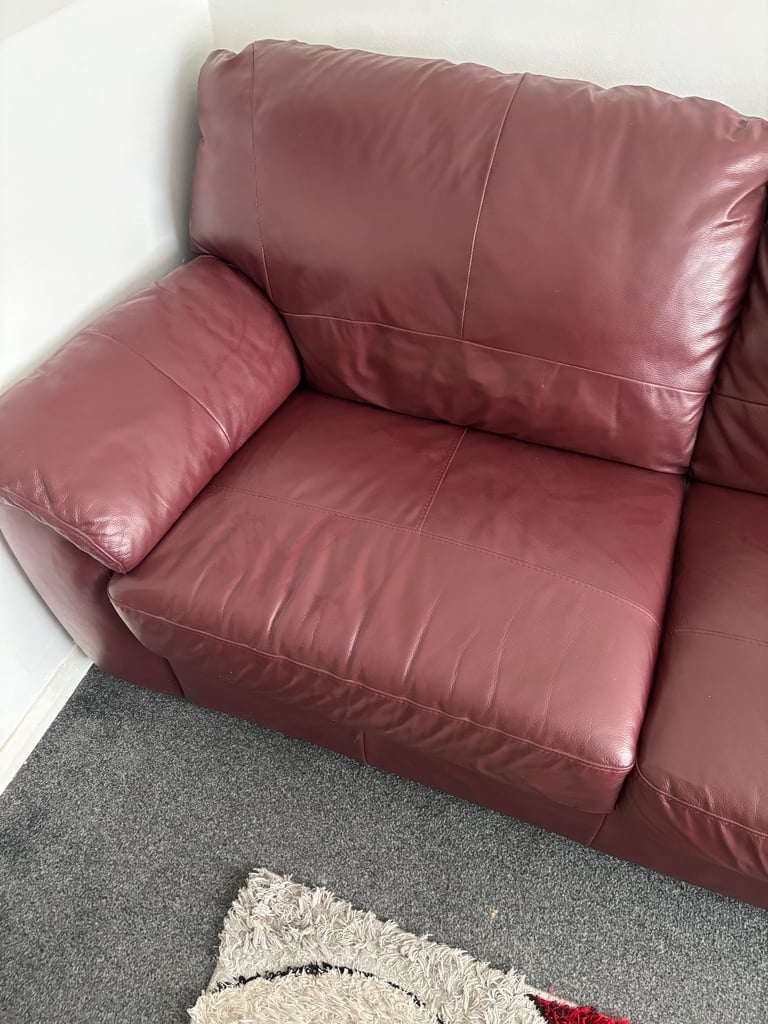 Burgundy leather 3 seater and chair 