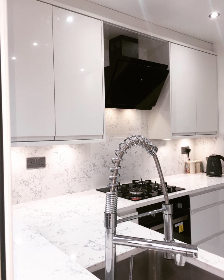 New Fitted Kitchen Cabinets-Units-Carcass J Pull White Gloss Handleless Kitchen Doors