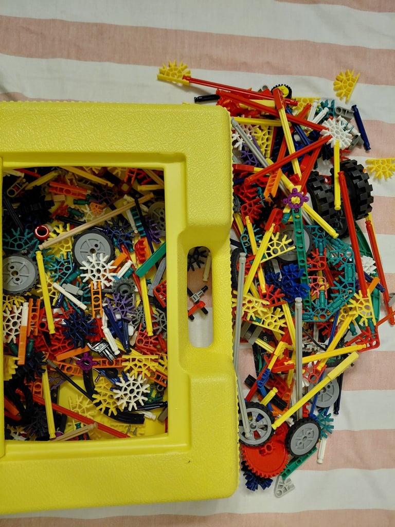 K'Nex, strong yellow K'Nex boxful of pieces, as pictured