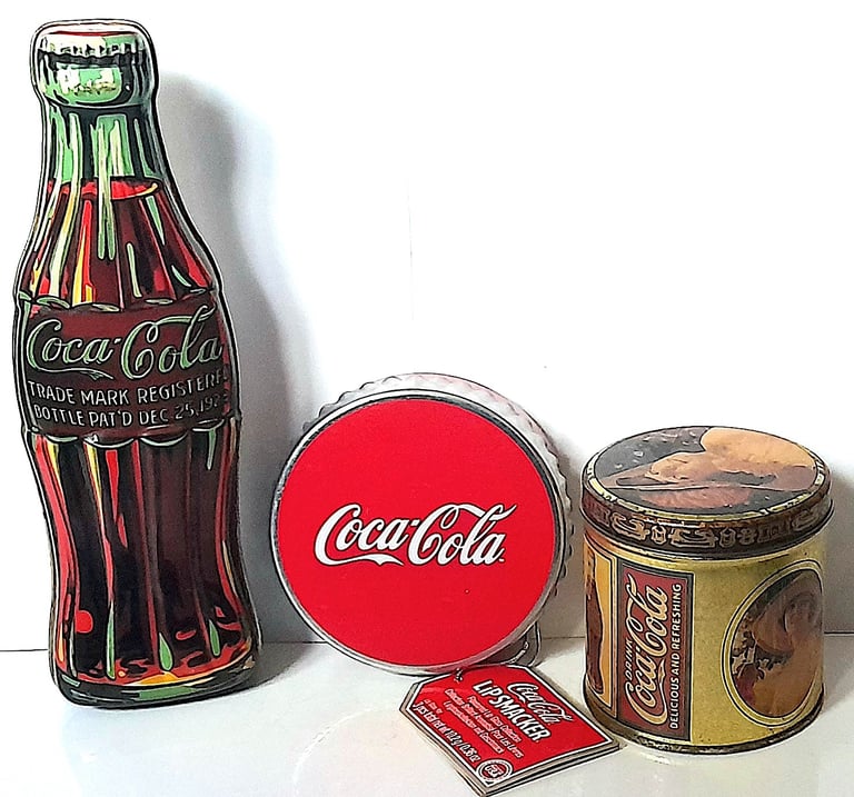 SET of THREE COCA COLA TINS - BOTTLE, ROUND and VINTAGE - GOOD