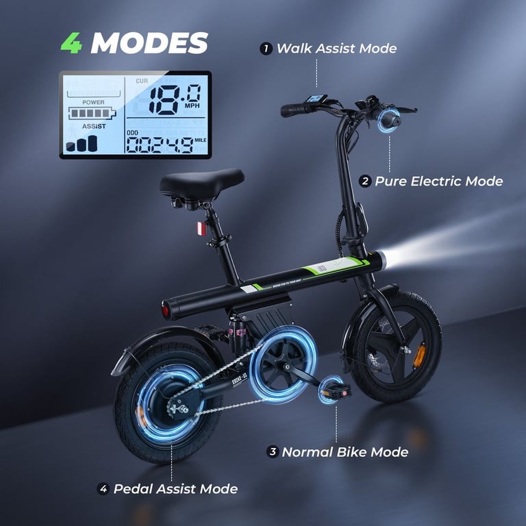 U1 Foldable Electric E-Bike Bicycle Pedal Assist Ideal for teens and camp