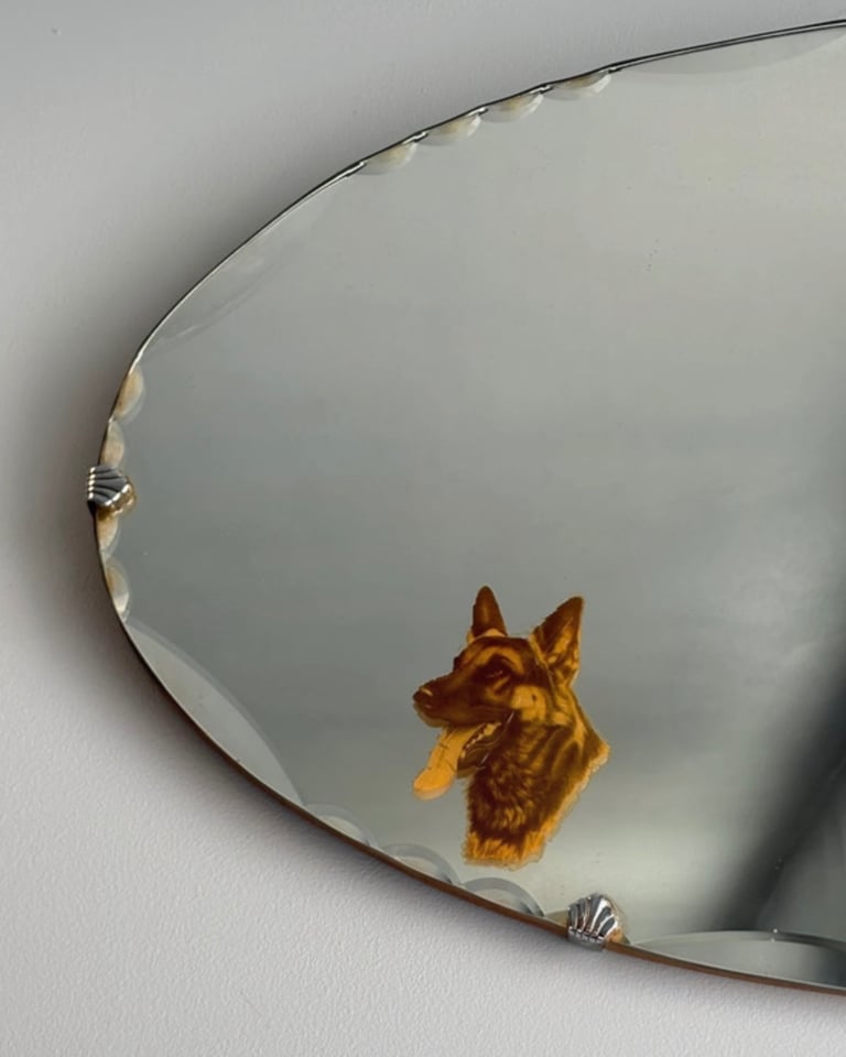 Vintage mid-century Frameless Mirror Art Deco Bevelled Painted Dog 20’s 30’s shell metal