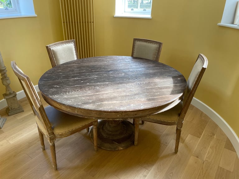 image for Antique Round Solid Wood Dining Table with 6 Chairs – 140cm Diameter