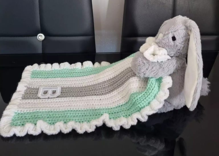 Crochet Baby Blanket, Personalised, Mint Green & White  