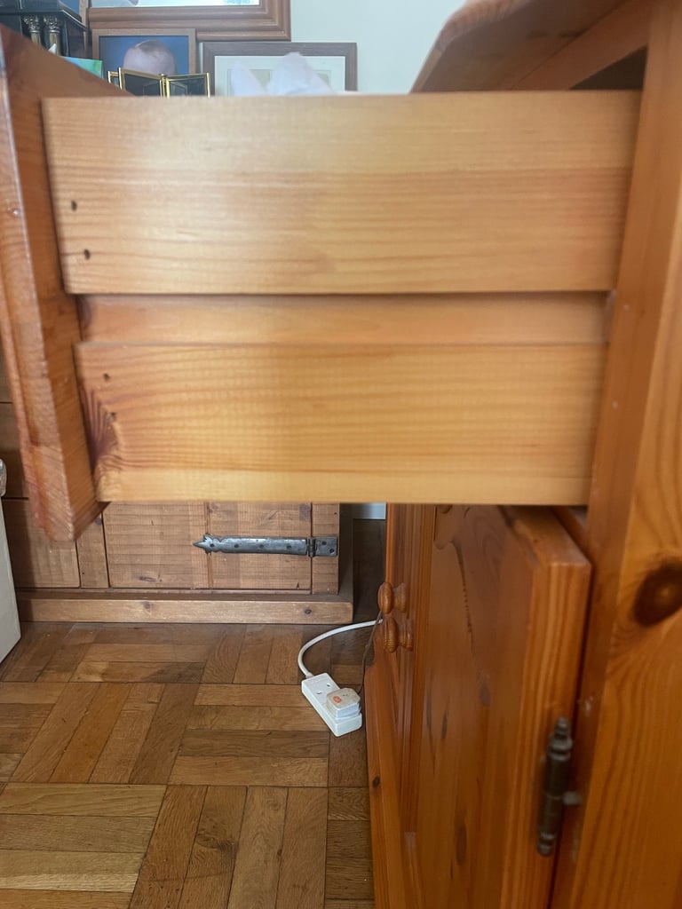 solid pine vintage 2 drawer and door dresser with a glass display unit with lights