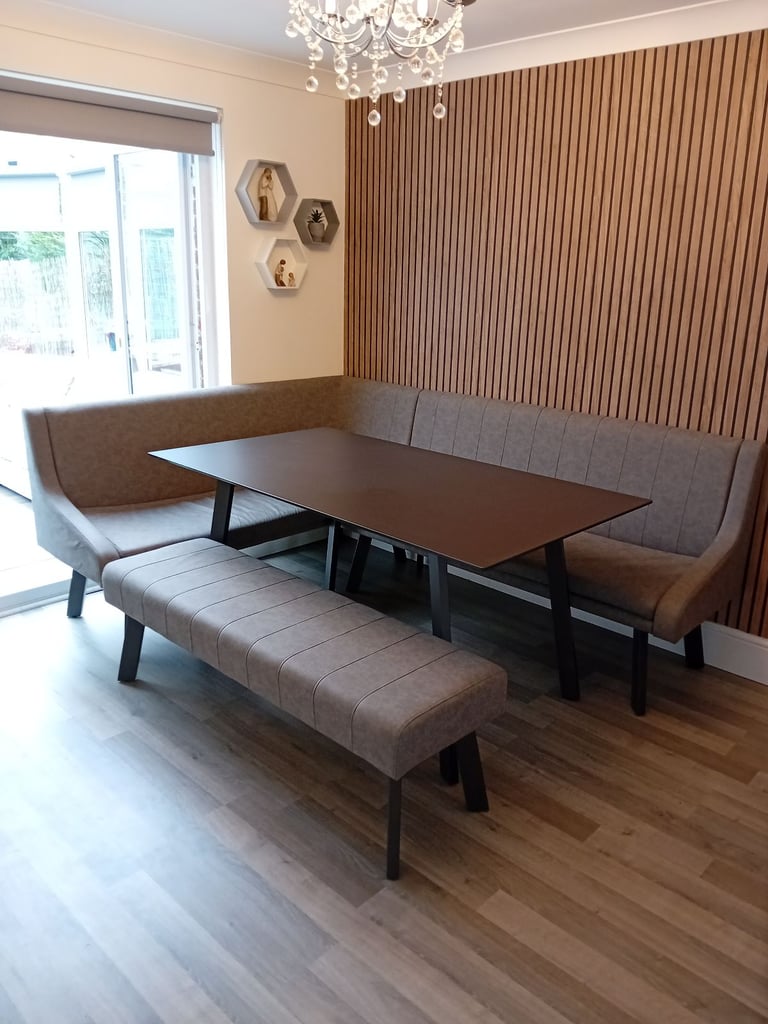 Corner grey faux leather dining set with bench