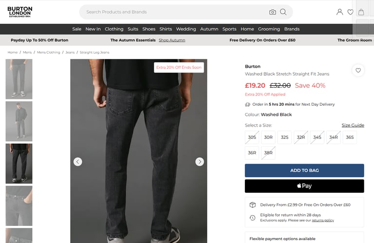 Mens Burton Black Stretch Straight Jeans - Waist 34-Leg31 inch.