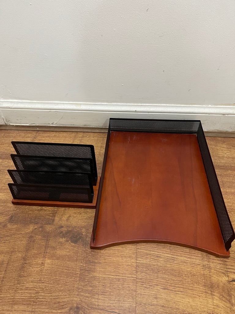 image for Desk Organizer wood and Metal Paper Tray and Letter Rack