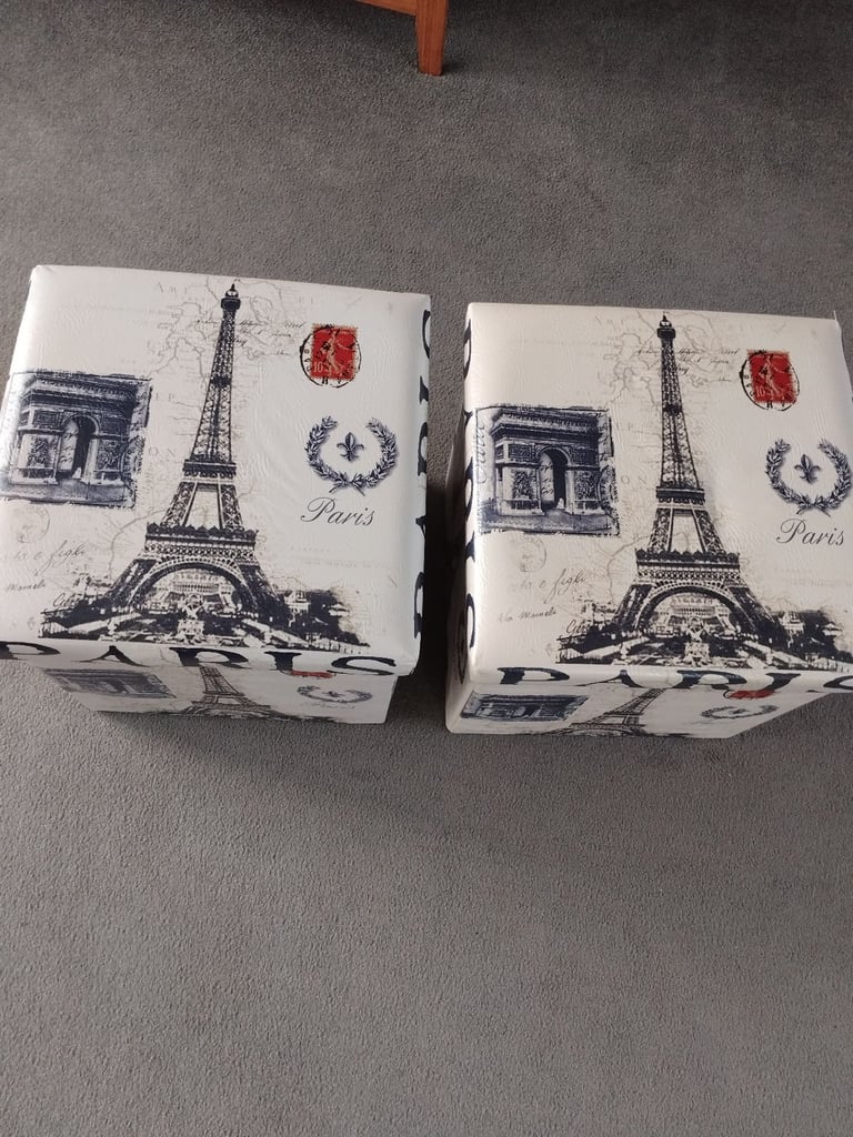 2 x ottoman Paris themed storage boxes. Good condition, with lids. UNUSUAL