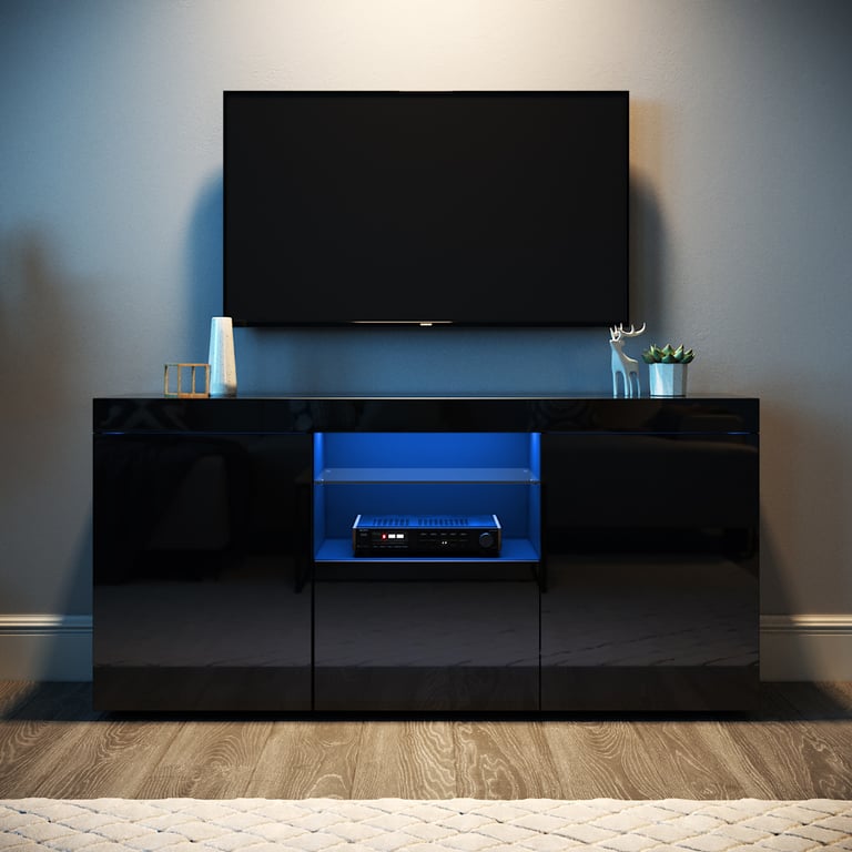 image for New Black TV Stand 2 Door Cabinet Unit + LED Lights 1350 x 330mm RRP £210 Our Price £145