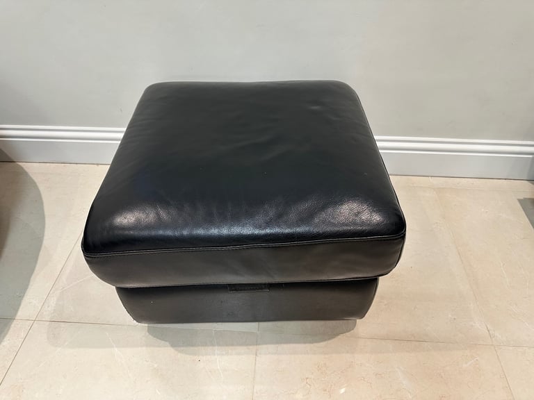 BLACK LEATHER SOFAS + FOOTSTOOL