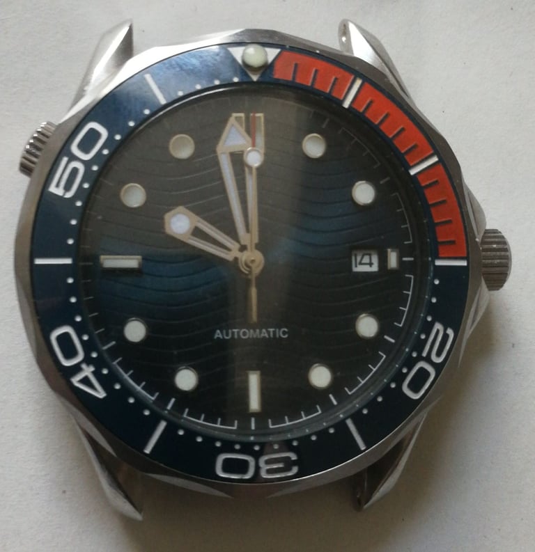 Bliger automatic watch blue face red blue bezel new NO STRAP 
