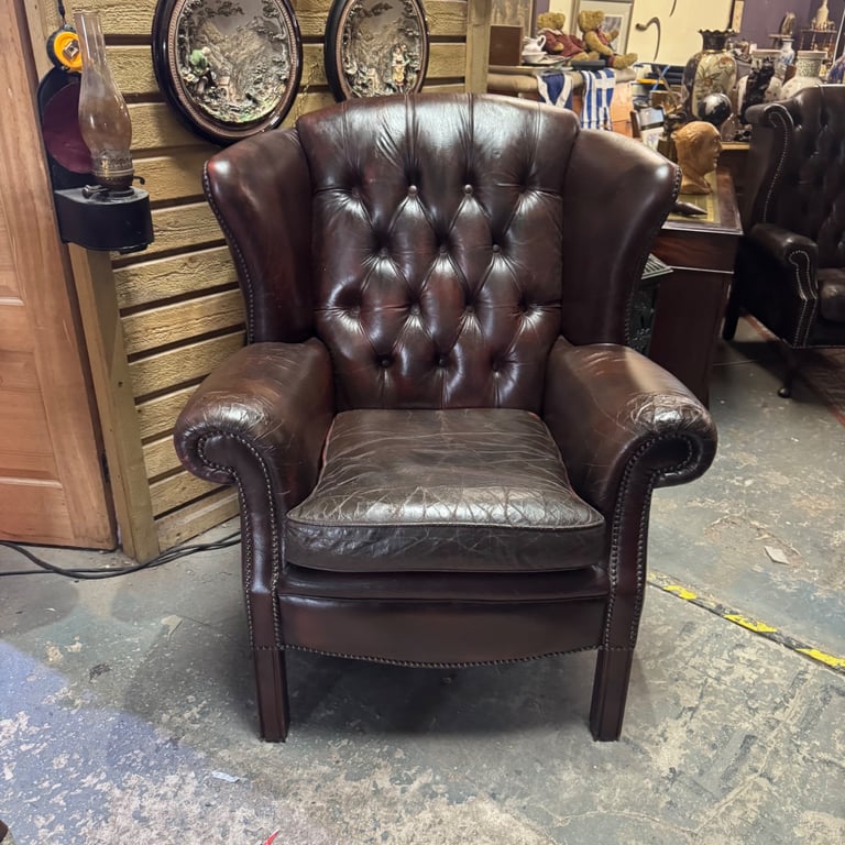 image for Vintage chesterfield Queen Ann wingback armchair in dark oxblood /brown