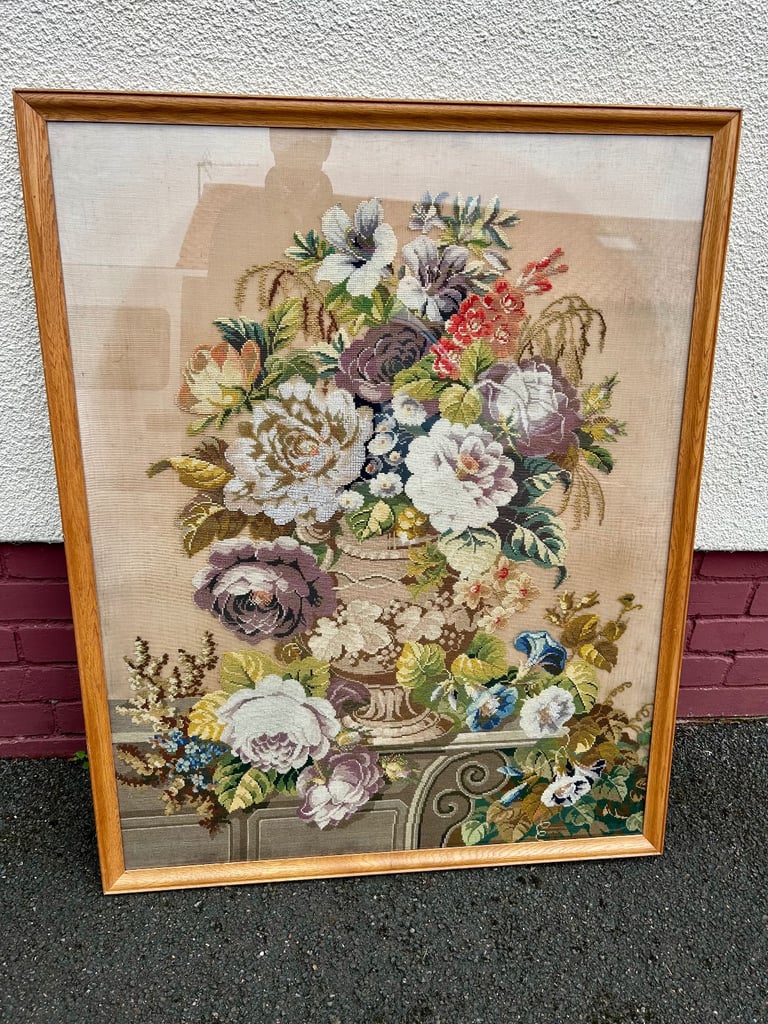 image for Large Framed Vintage Floral Needlepoint Embroidery