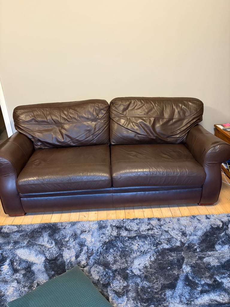 Reid’s Furniture Genuine Brown cow hide leather 3 seater sofa 2 seater sofa and pouffe stool