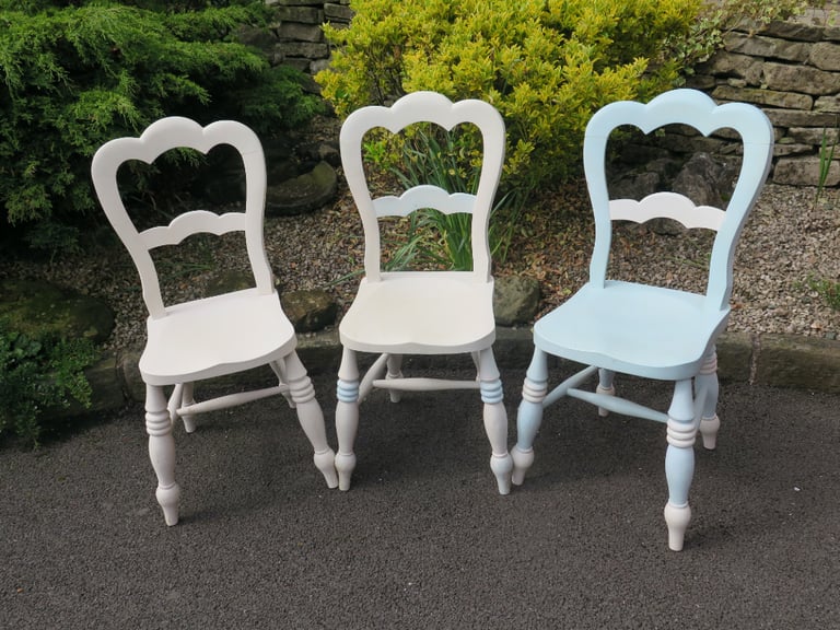 Three wooden chalk painted kitchen chairs (one repaired)