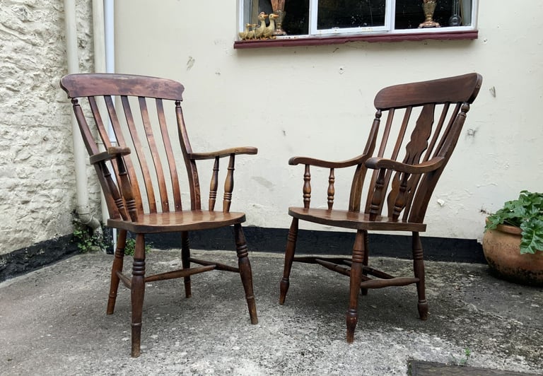 image for 2 Sturdy 19th-Century Antique Elm & Oak Windsor Armchairs chairs