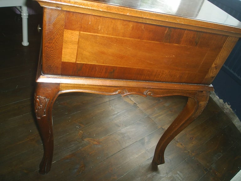 Writing Desk & Chair. Queen Ann Style 5 Drawer Walnut Desk & High Back Padded Chair 