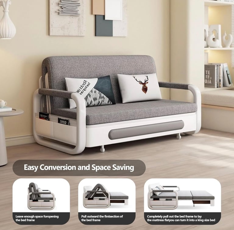 image for Convertible Sofa Bed Storage Futon Small Spaces Guest Room Grey Modern