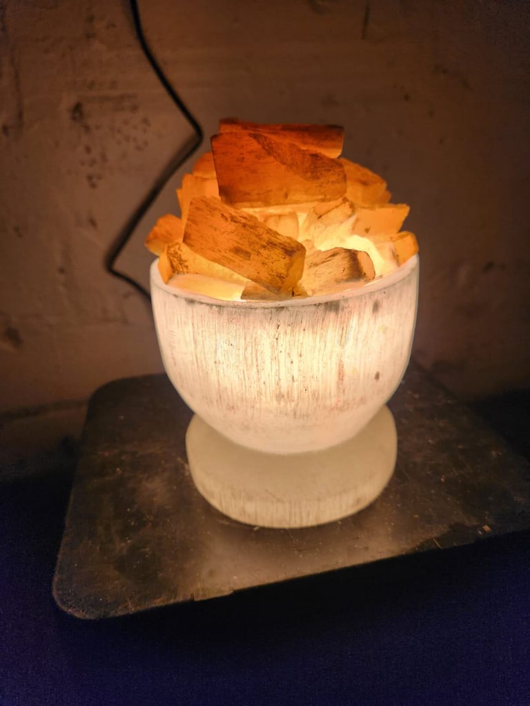 image for Selenite Crystal Bowl Lamp with Chunks | White & Orange