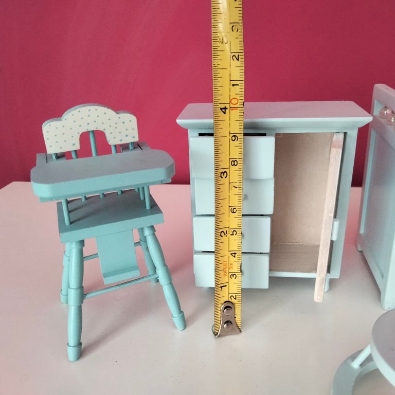 Dolls house blue nursery furniture set including baby head 