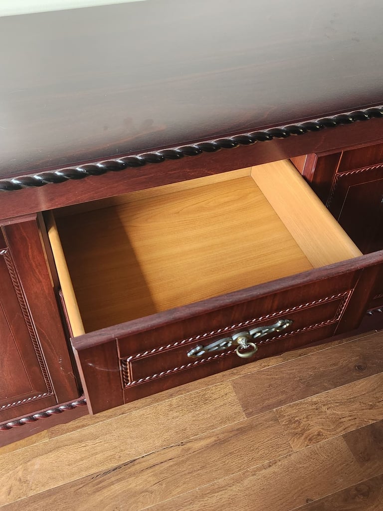 Solid Wood Mahogany Sideboard Cupboard & Drawers Unit with Carving & Brass Pulls