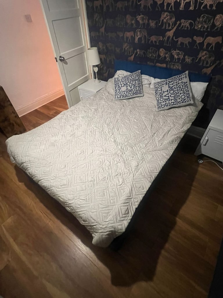 image for Blue Upholstered Double Bed Frame + Mattress – Great Condition