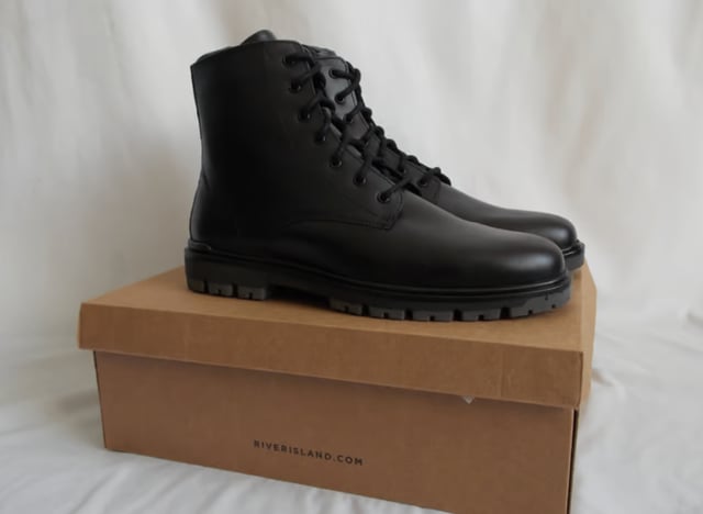 Mens River Island Black Leather Ankle Boots SIZE 10 Lace Up New
