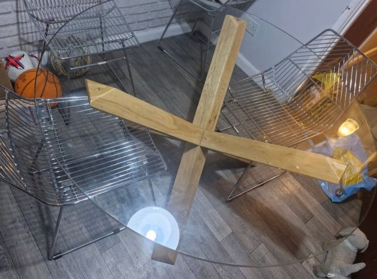 image for 4 Seater Round Dining table Glass top With Wood Bottom (CHAIRS NOT INCLUDED)