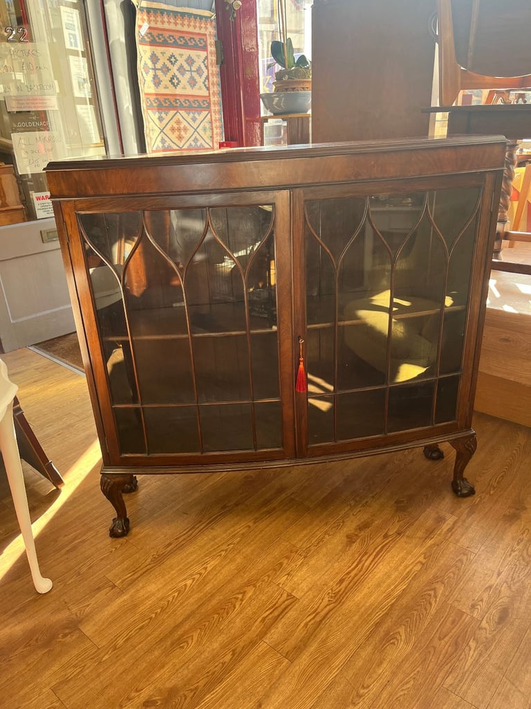 image for Large Antique Mahogany Display Stand with one movable shelf.