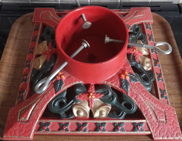 image for Cast Iron Square Red Stand Victorian Decorated for Real Christmas Tree up to 8ft