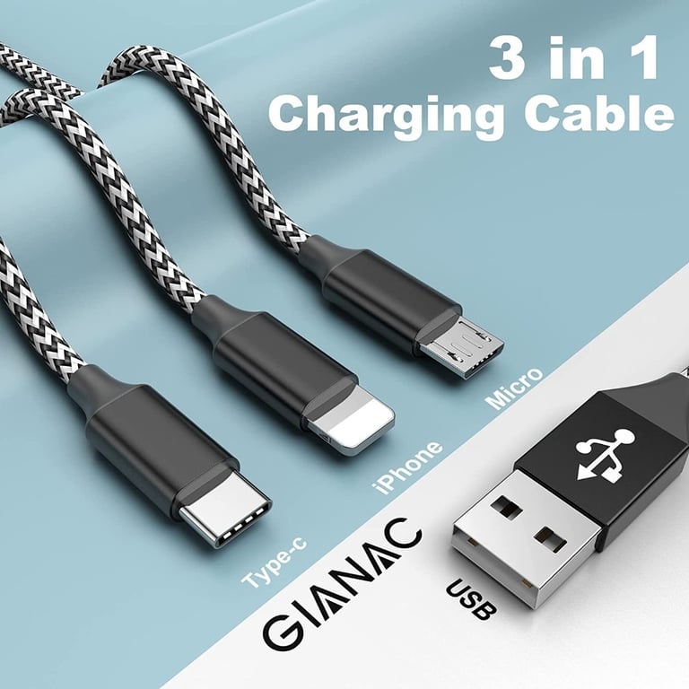 Multi Charger Cable, 1.5M Nylon Braided 3 in 1 Charging Cable with Micro USB Type C Lightning