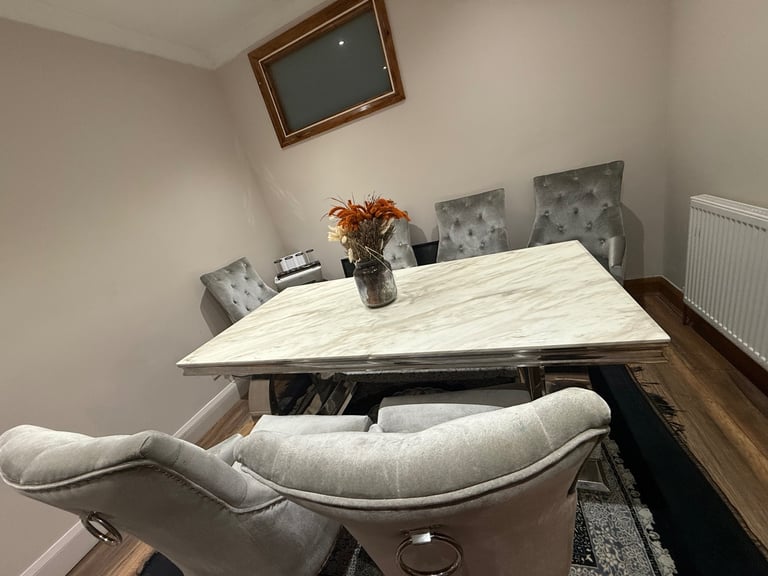 Ariana Marble 1.8m Dining Table with 6 Cheshire Plush Velvet Knocker Chairs