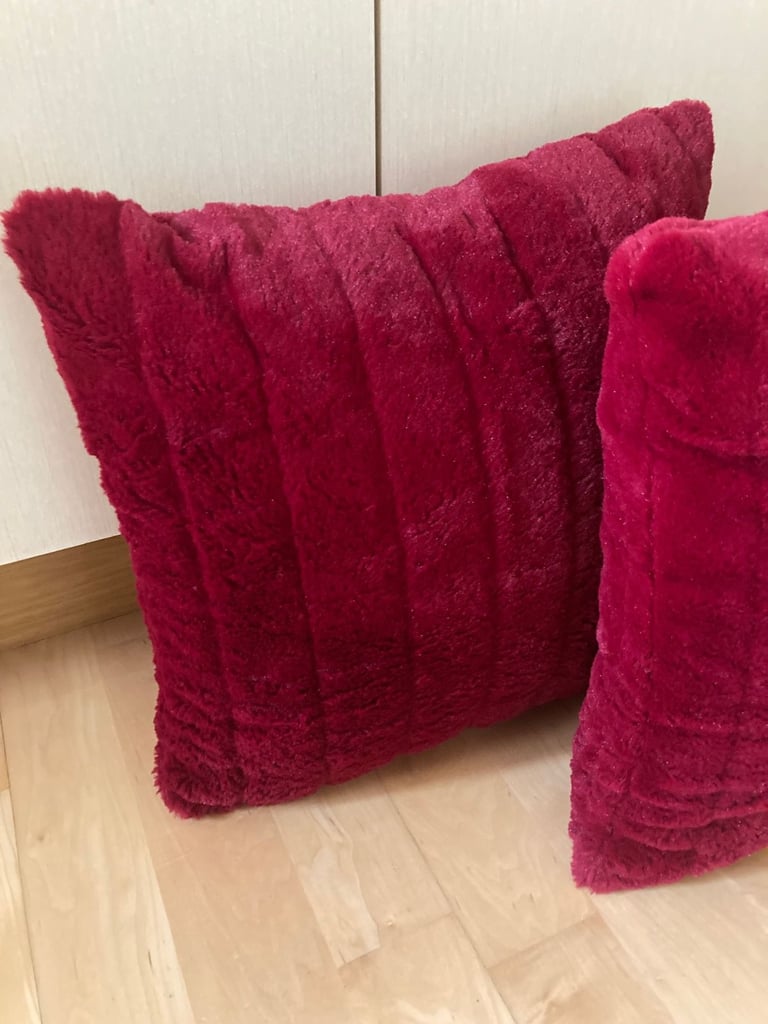 image for FREE - Set of 2 x Soft and Cuddly Faux Fur Cushions (in red) large