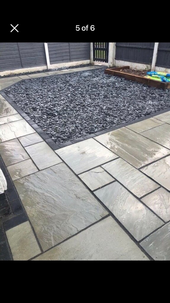 Block paving Indian stone flags tarmac turf fence 