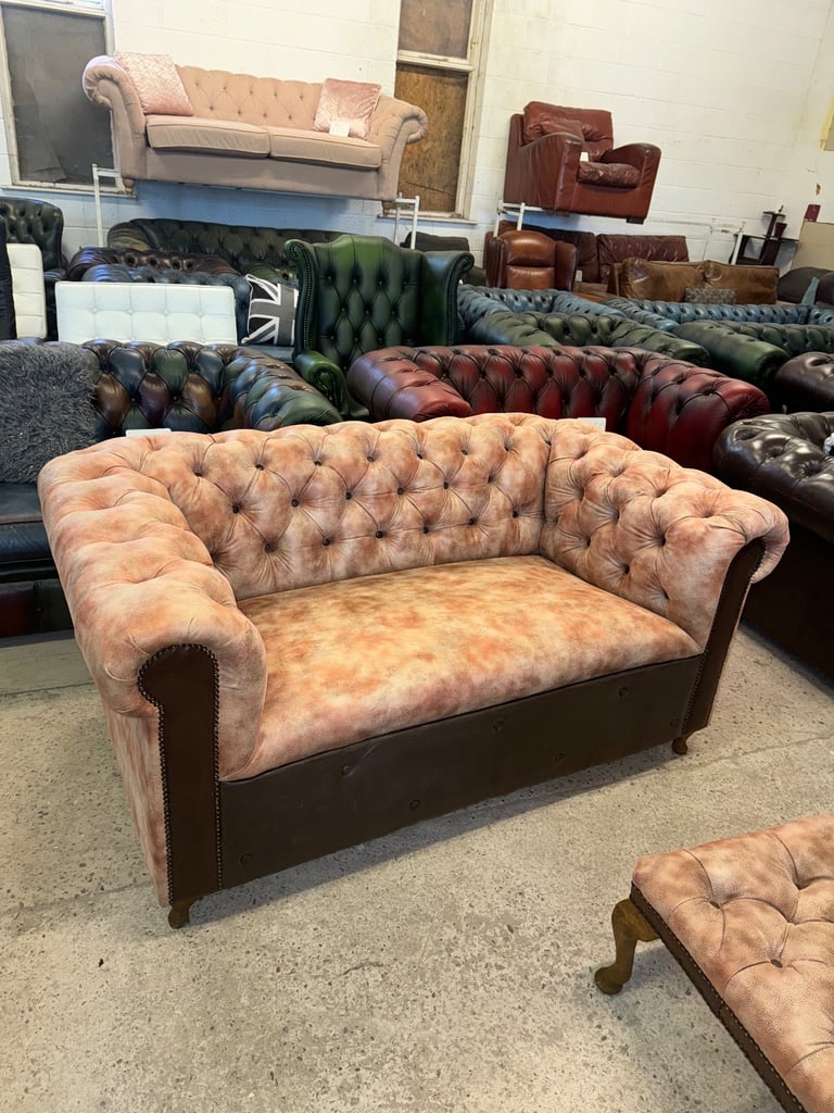 Chesterfield brown leather unique two seater sofa with footstool