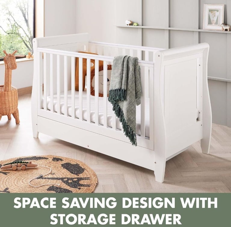 image for Babymore Stella Sleigh Cot Bed White - Drop Side Cot Bed With Mattress
