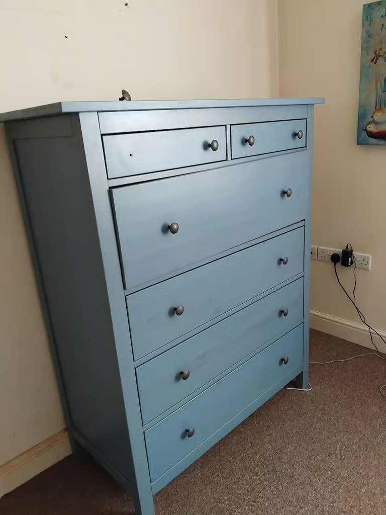 A Very Large, Tall and Heavy, Light Blue Wooden Chest of 6 Drawers, for Bedroom or Other Rooms