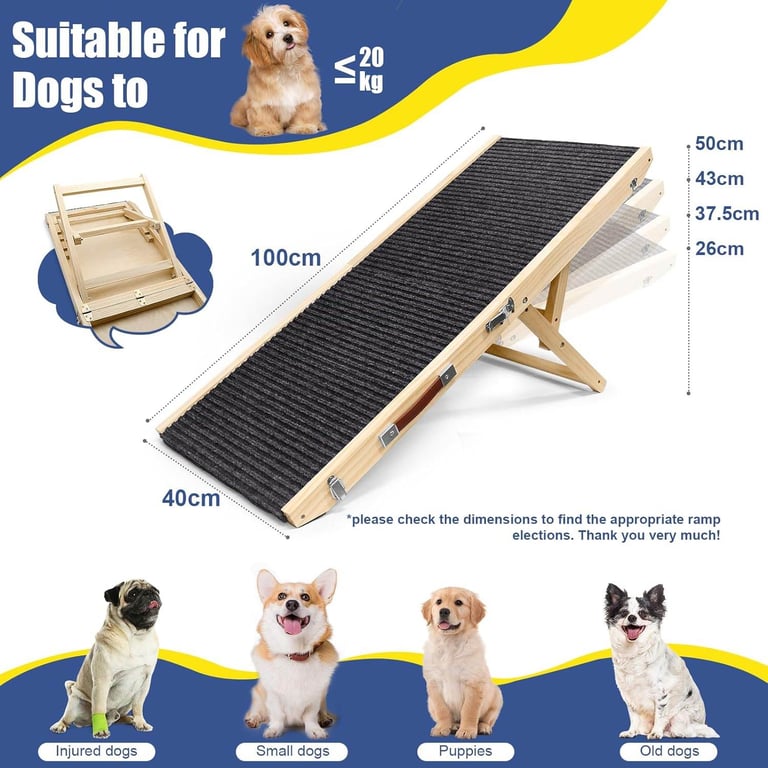 Adjustable Wooden Pet Ramp | Folding Dog Stairs with Non-Slip Carpe