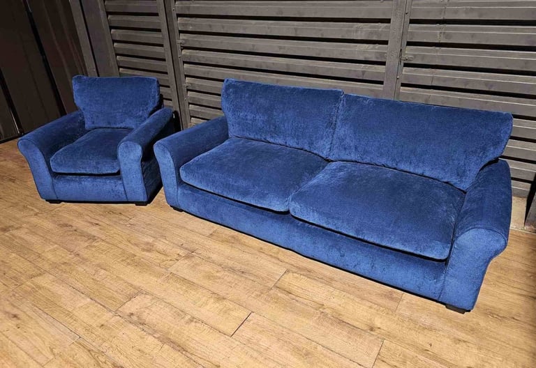 Fabric 4 Seater Sofa & Chair - Blue. 